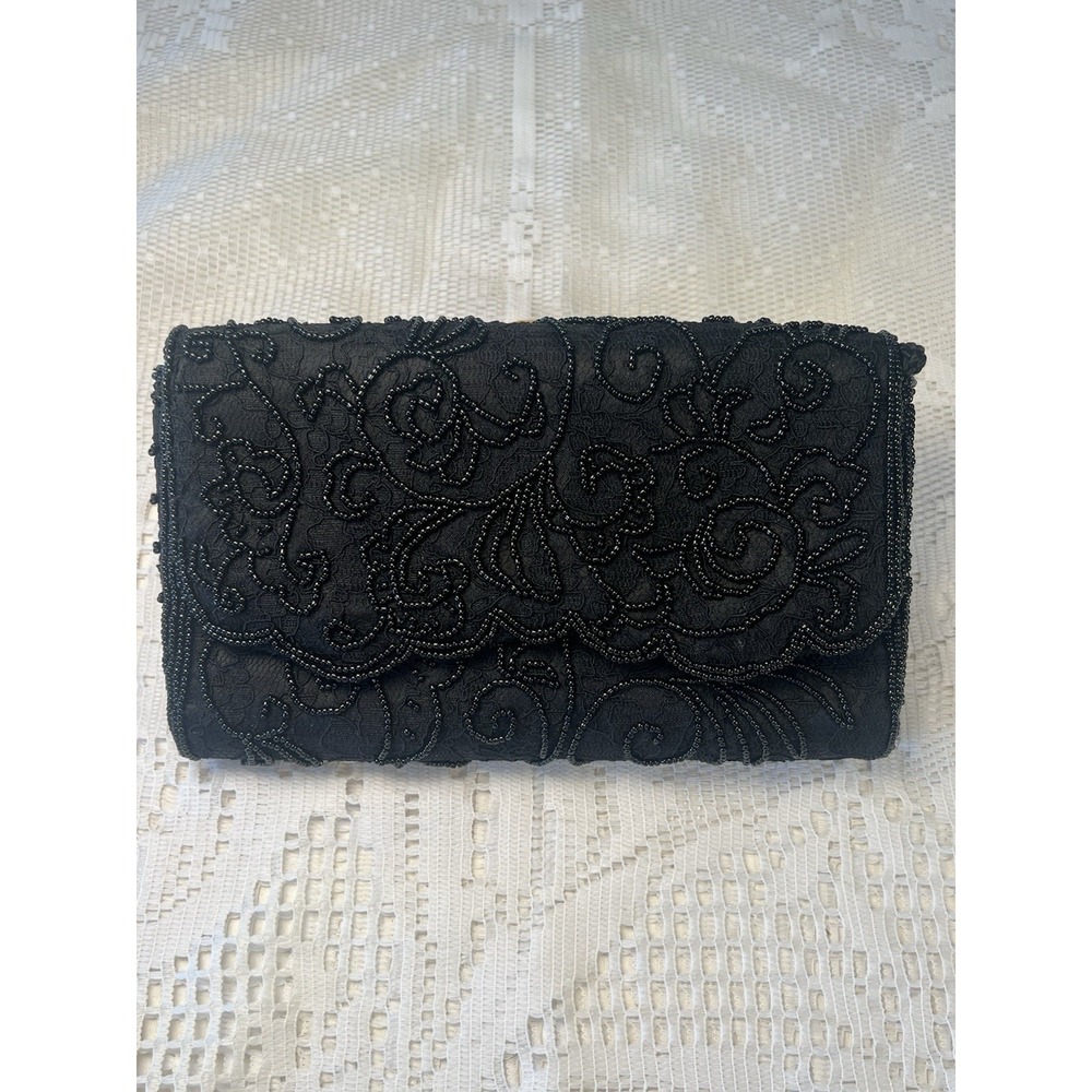 Vintage Y2K Glam Beaded Clutch w/ Strap Black Evening Shoulder Bag